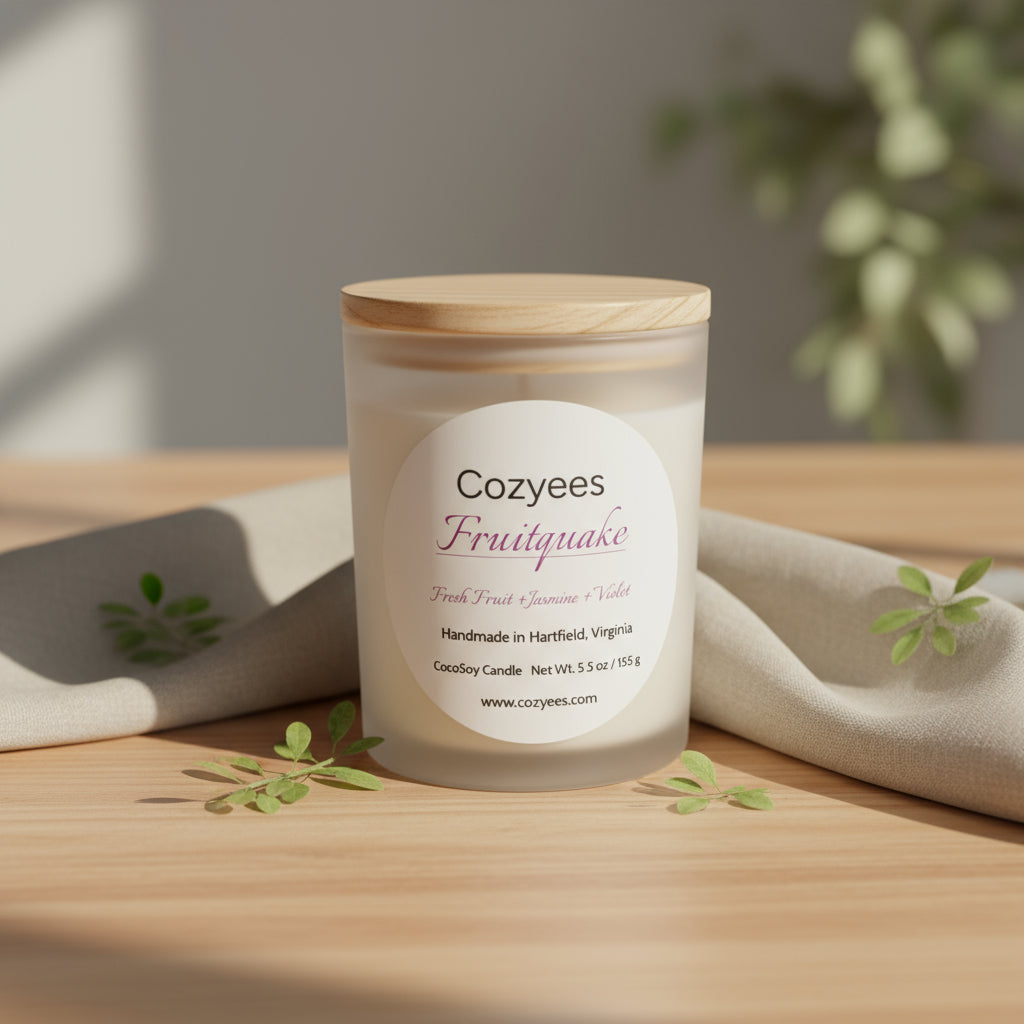 Candle with a wooden lid labeled 'Cozyees Fruitquake' on a gray background