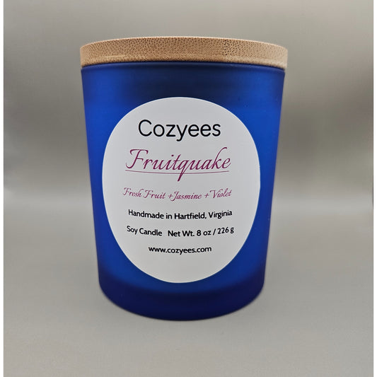 Cozyees-Fruitquake candle in blue jar