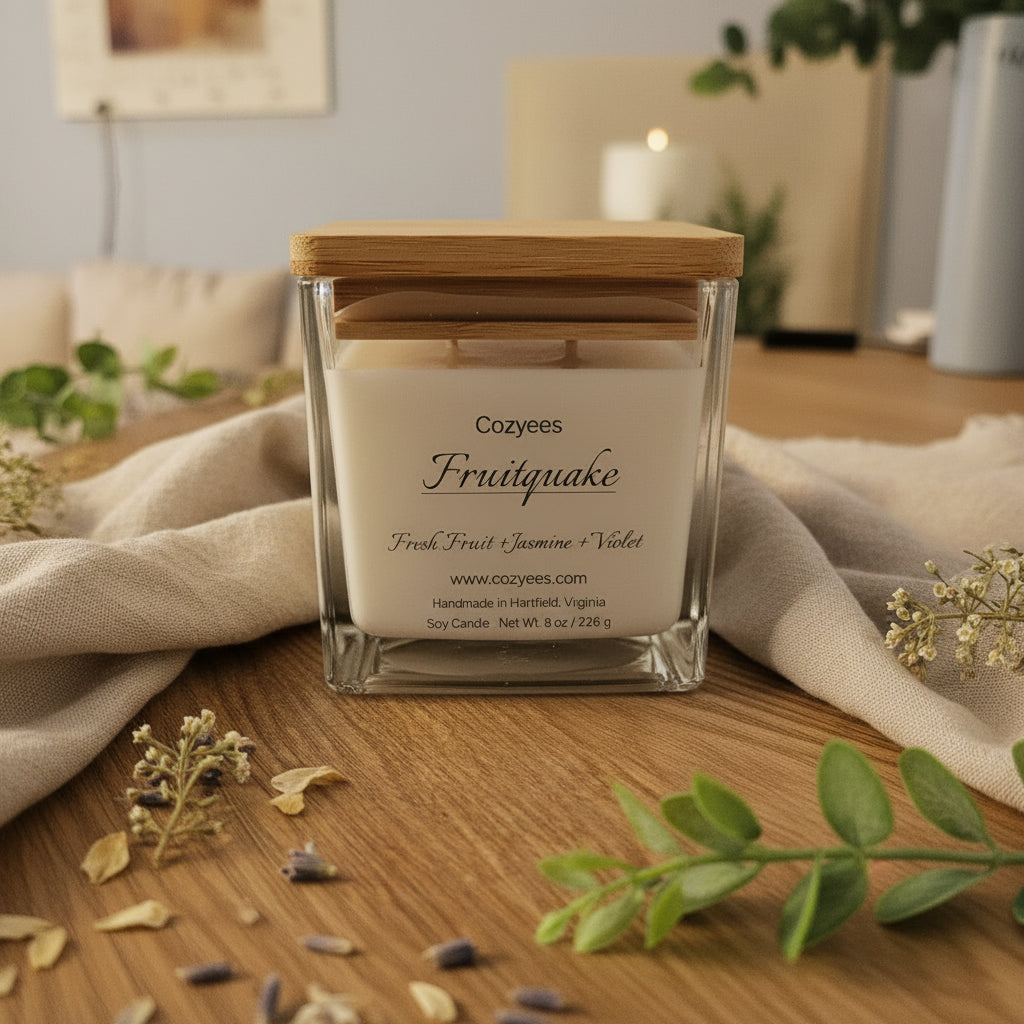 Cozyees Fruitquake candle with wooden lid on a wooden surface