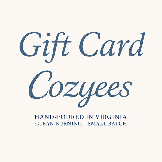 Cozyees gift card with text about hand-poured candles in Virginia.