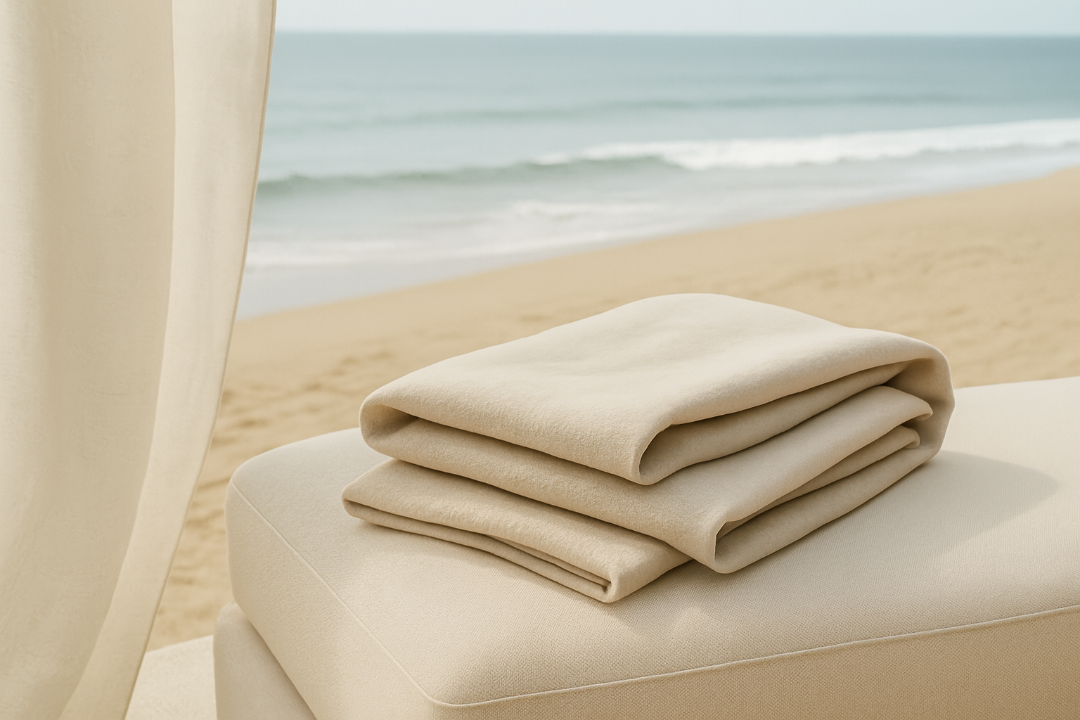 Folded beige blanket on a chair with a beach background