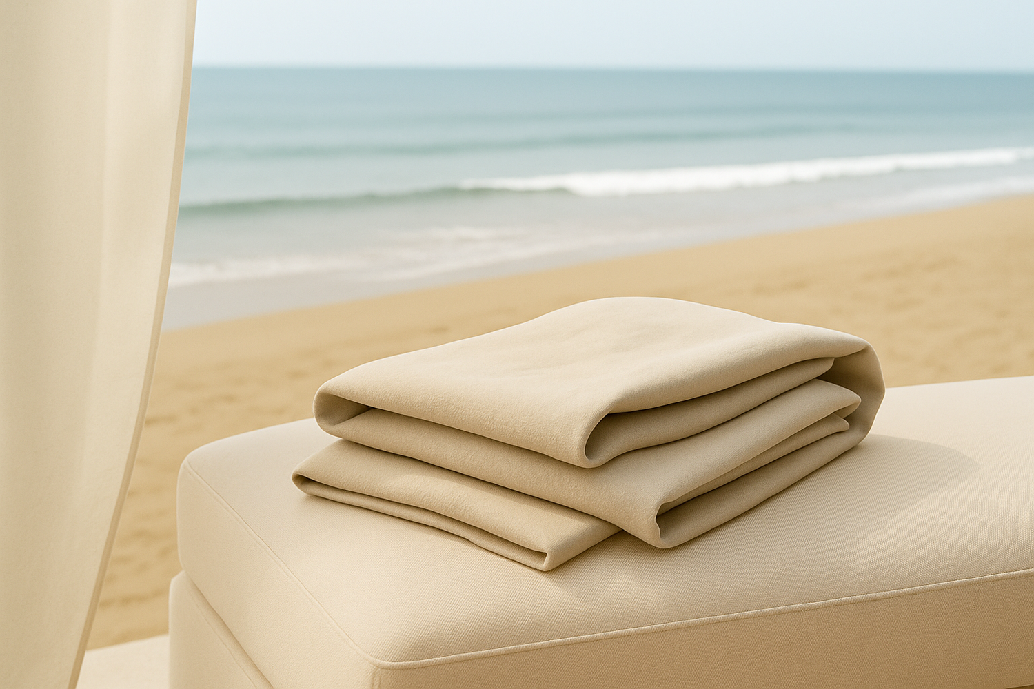 Folded beige blanket on a chair with a beach and ocean view in the background