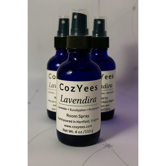 CozYees Lavendira room spray bottles on a light gray background