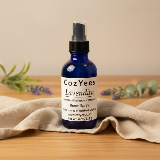 Cozyees Lavendira room spray bottle on a light gray background