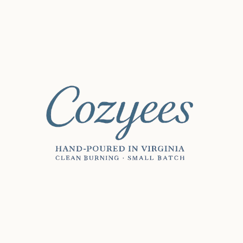 Cozyees logo with text 'Hand-poured in Virginia, Clean Burning, Small Batch' on a white background