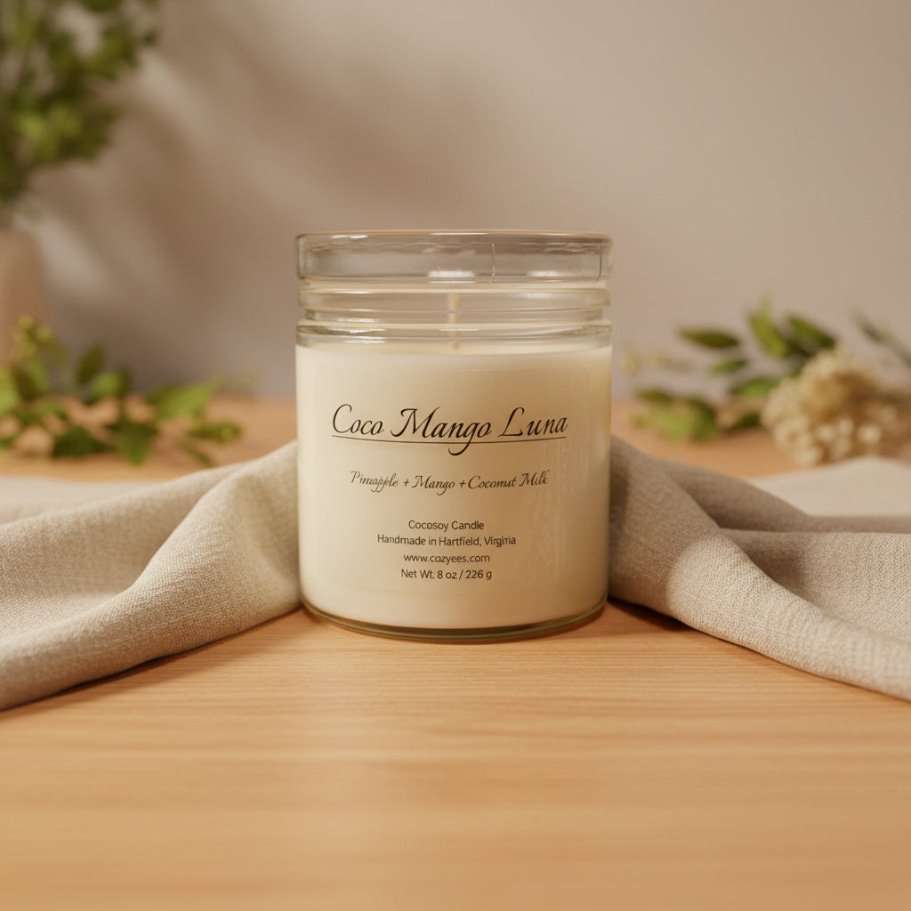 Candle jar labeled 'Coco Mango Luna' on a white background
