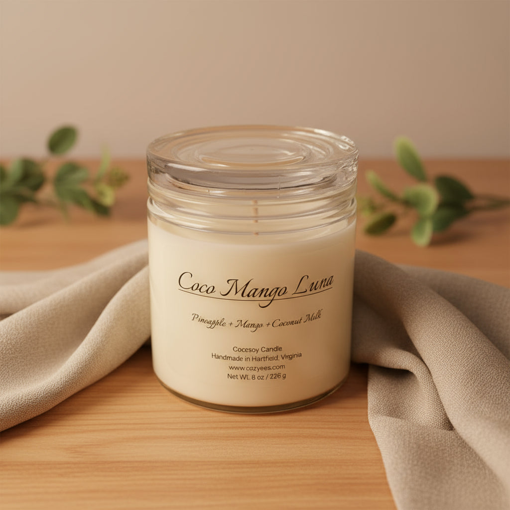Candle jar labeled 'Coco Mango Lava' on a white background