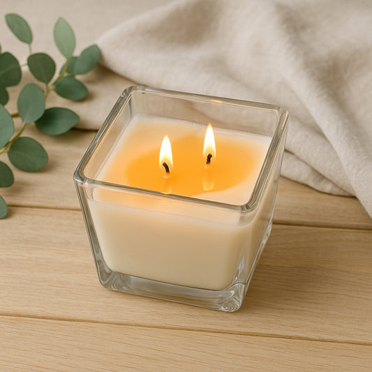 Square glass candle with two flames on a wooden surface with green leaves and a beige cloth.