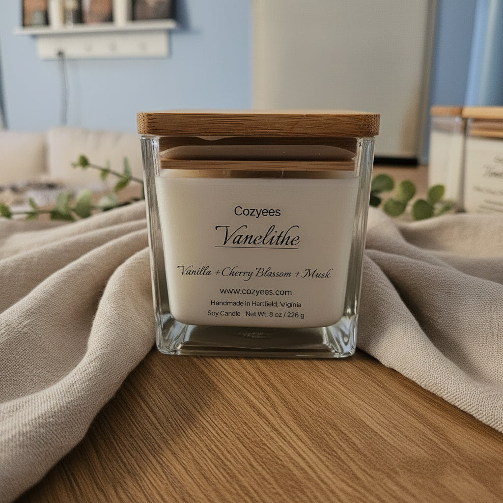 Cozyees candle with wooden lid on a wooden surface