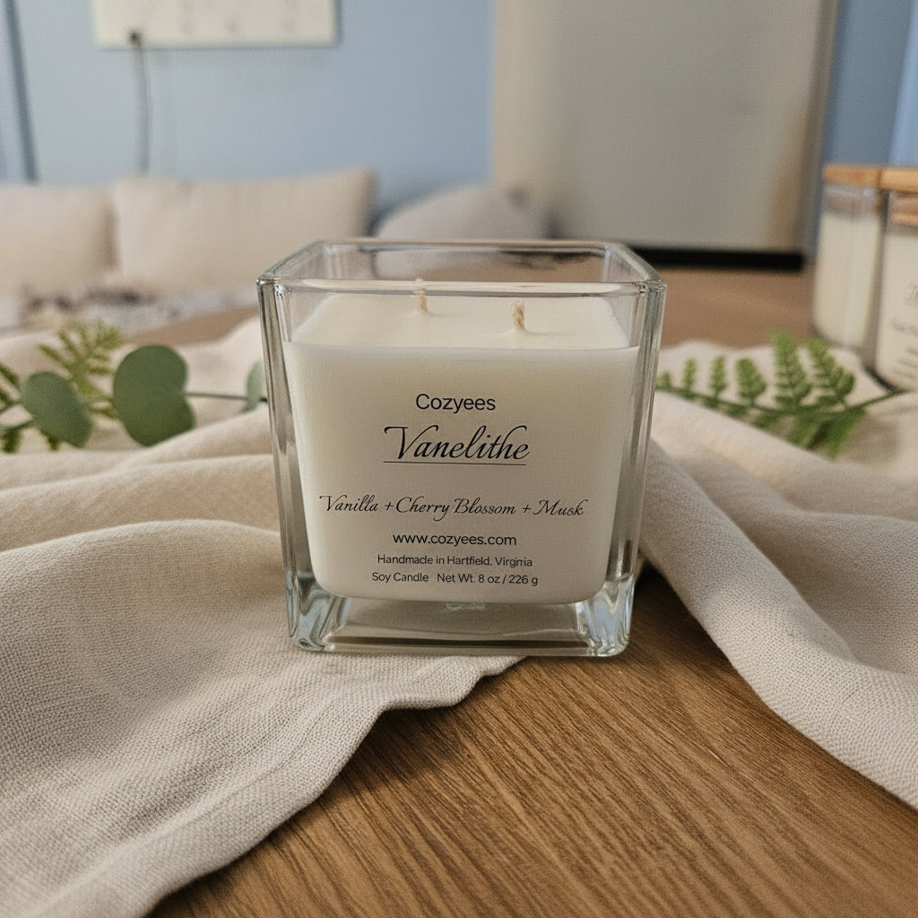 Cozyee Vanelithe candle in clear square jar on wood table
