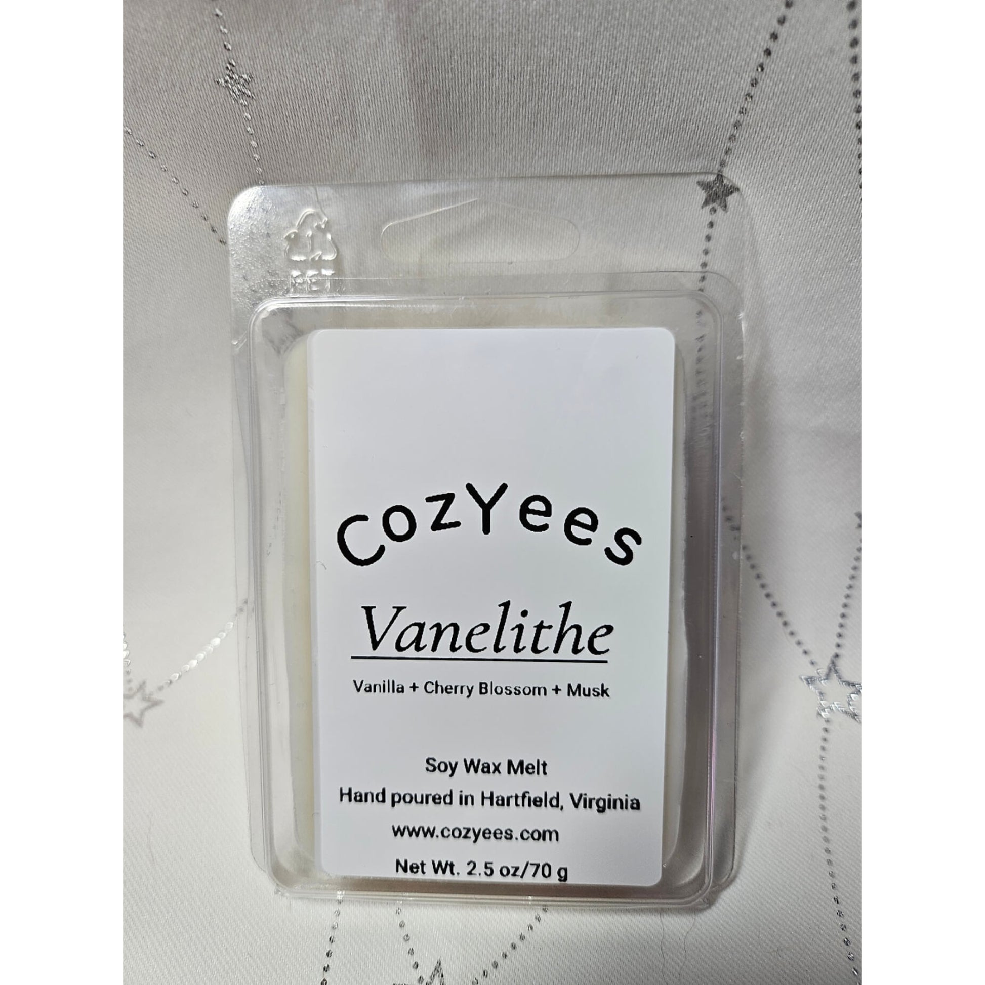 CozYees Vanelithe soy wax melt package on a white background