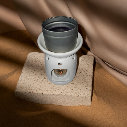 Small ceramic pot on a stone base with a soft brown background