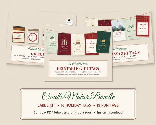 Candle Maker Bundle: editable candle label kit, 16 holiday gift tags and 12 candle pun gift tags