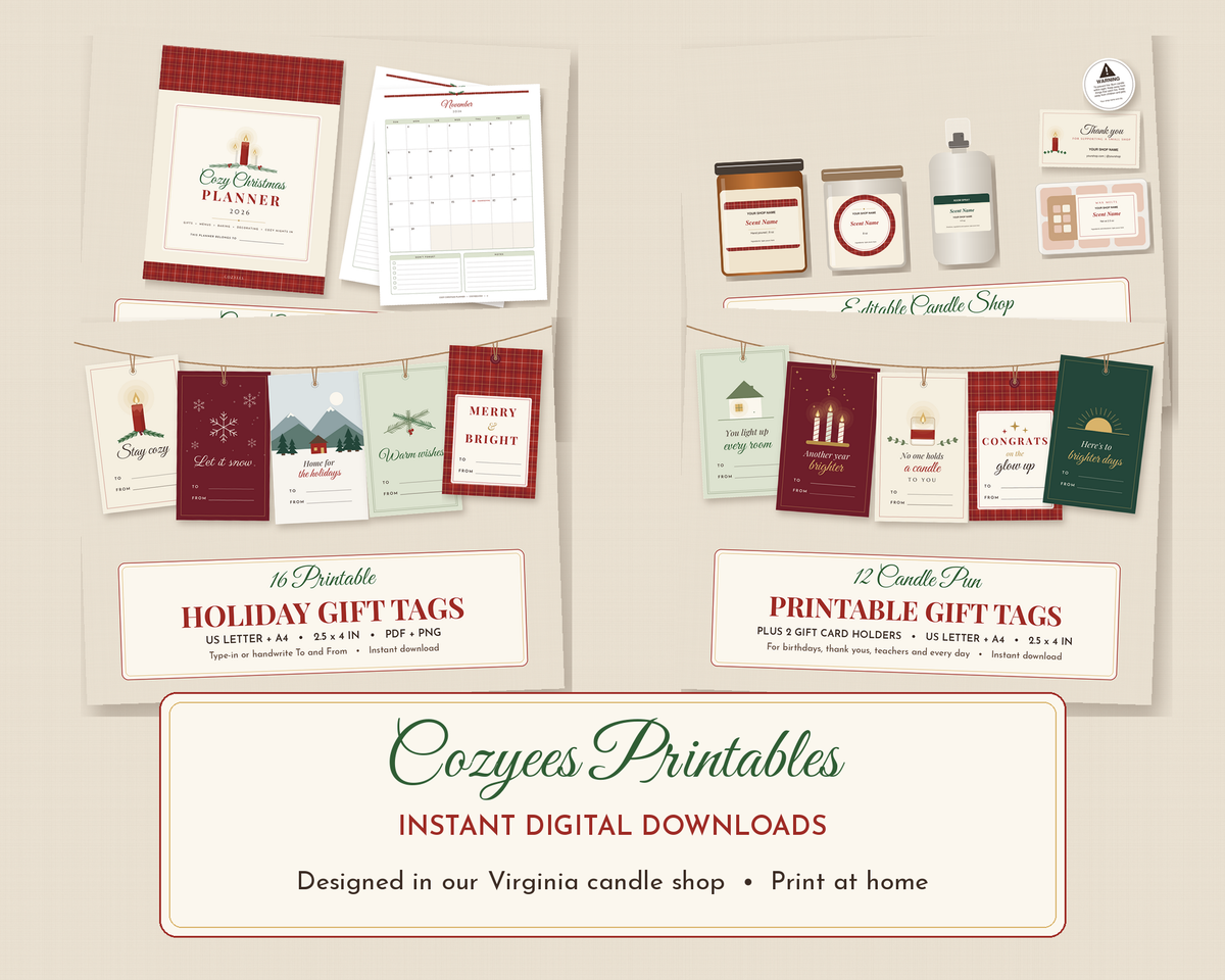 Cozyees printables: Christmas planner, candle label kit, holiday gift tags and candle pun gift tags