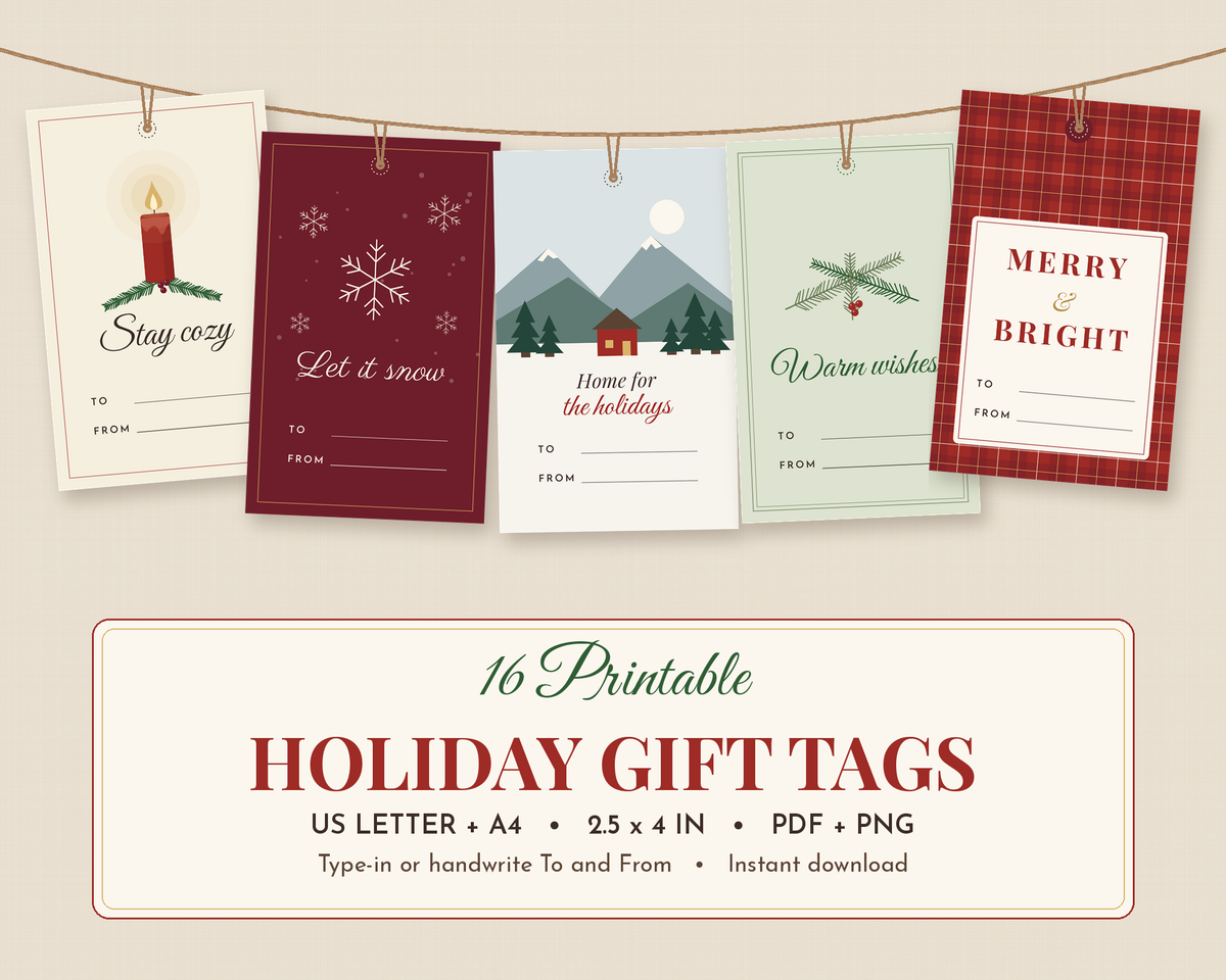 16 printable holiday gift tags hanging on twine