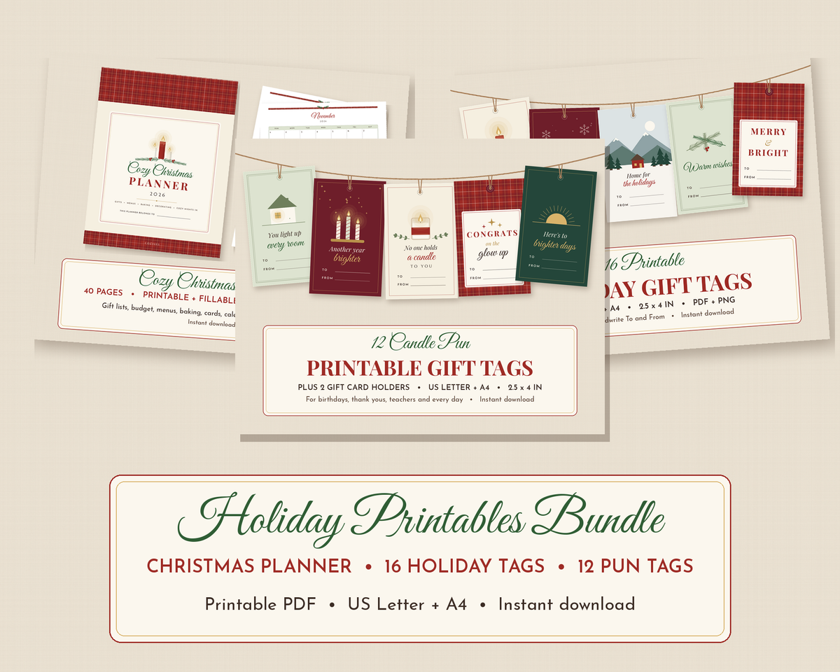 Holiday Printables Bundle: Cozy Christmas Planner, 16 holiday gift tags and 12 candle pun gift tags