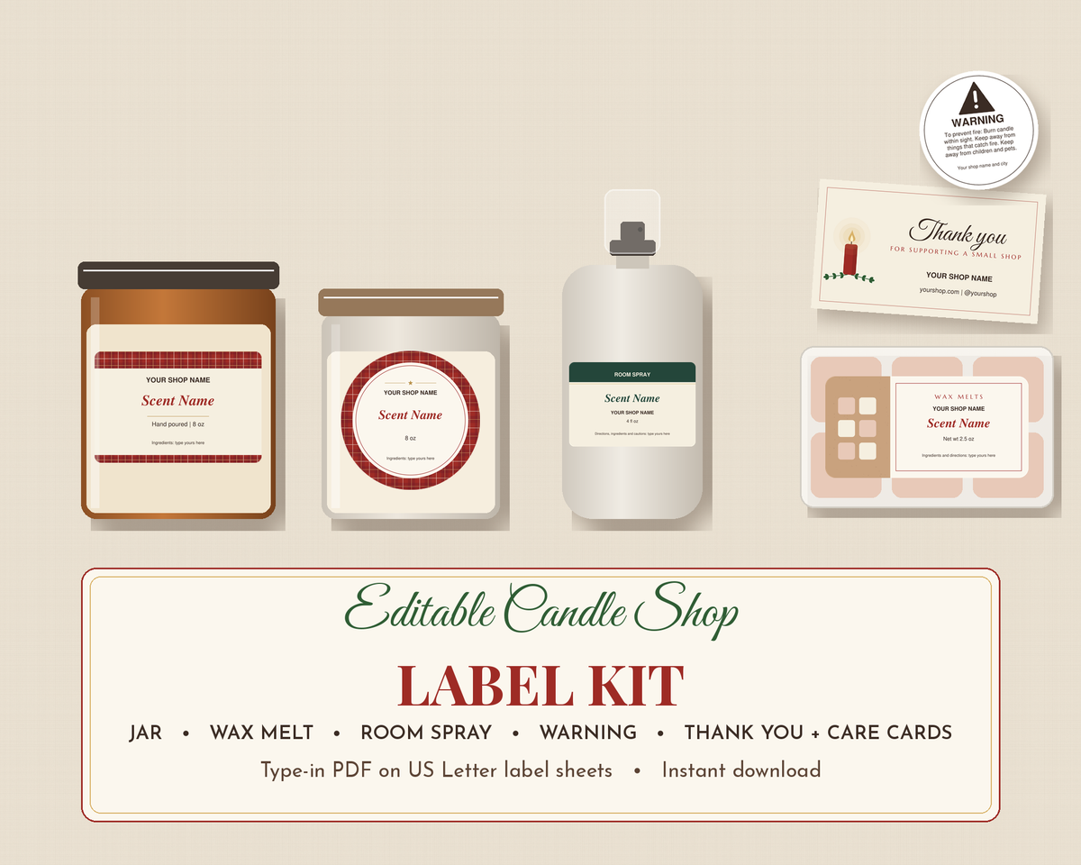 Editable candle shop label kit shown on jars, a room spray, wax melts, a warning label and a thank you card