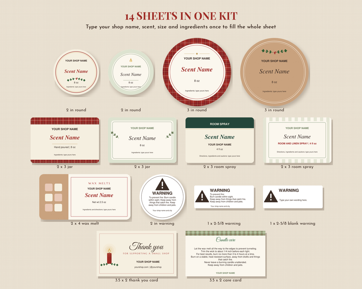 All label designs in the Cozyees candle label kit