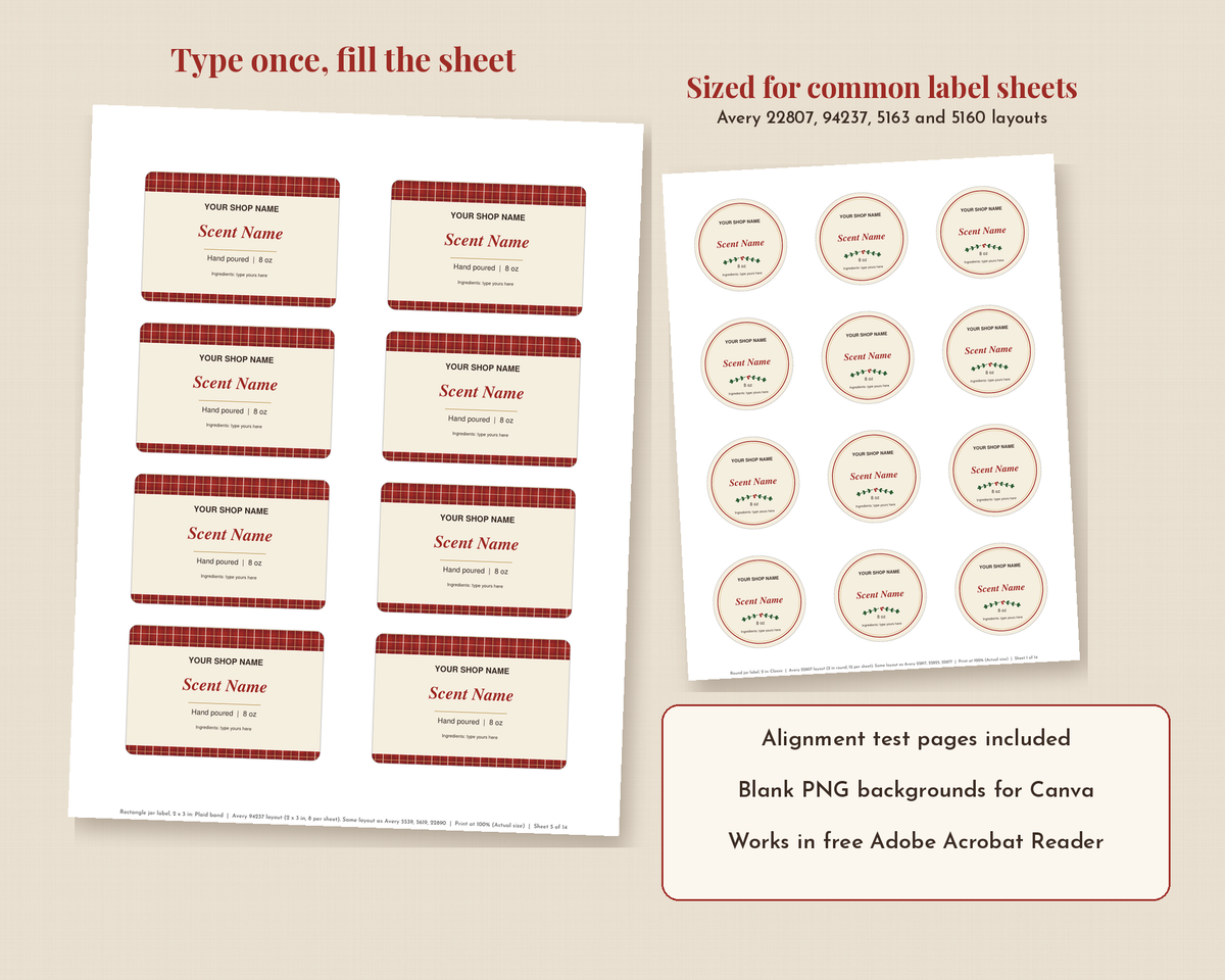 Preview of an editable candle label sheet