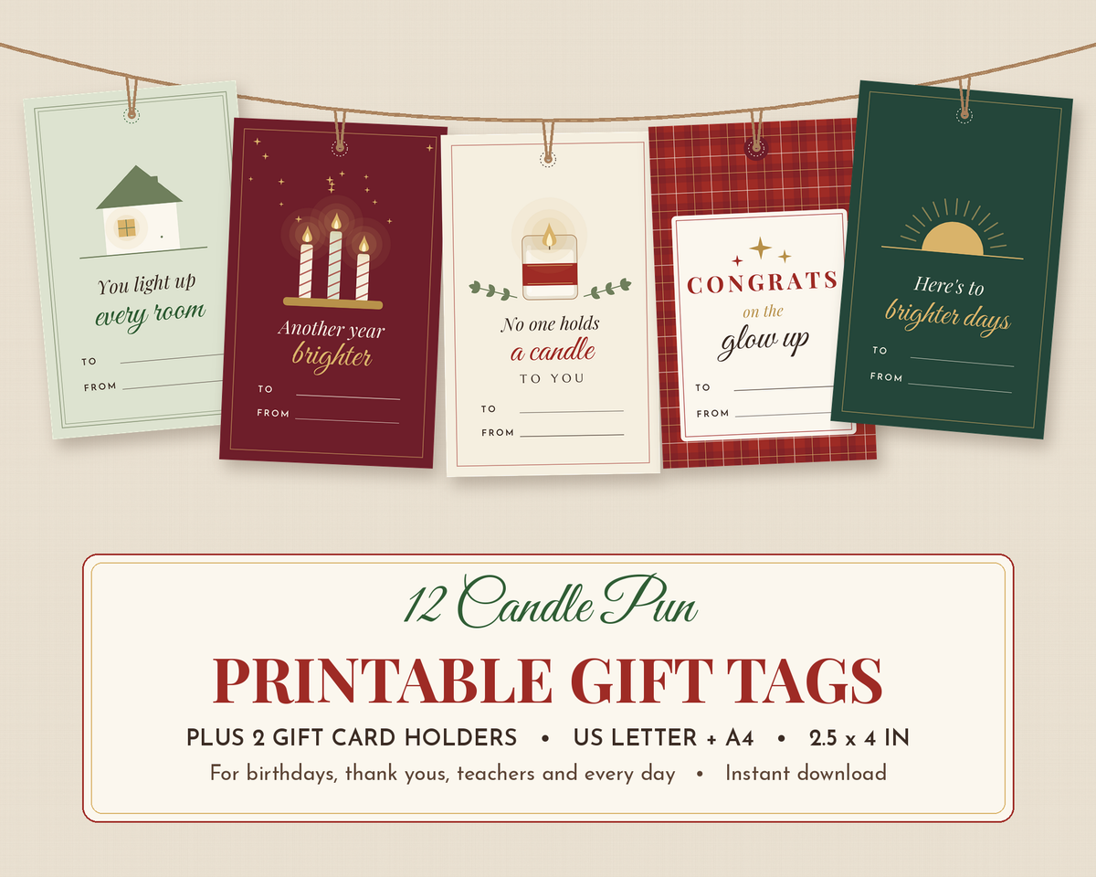 12 printable candle pun gift tags hanging on twine