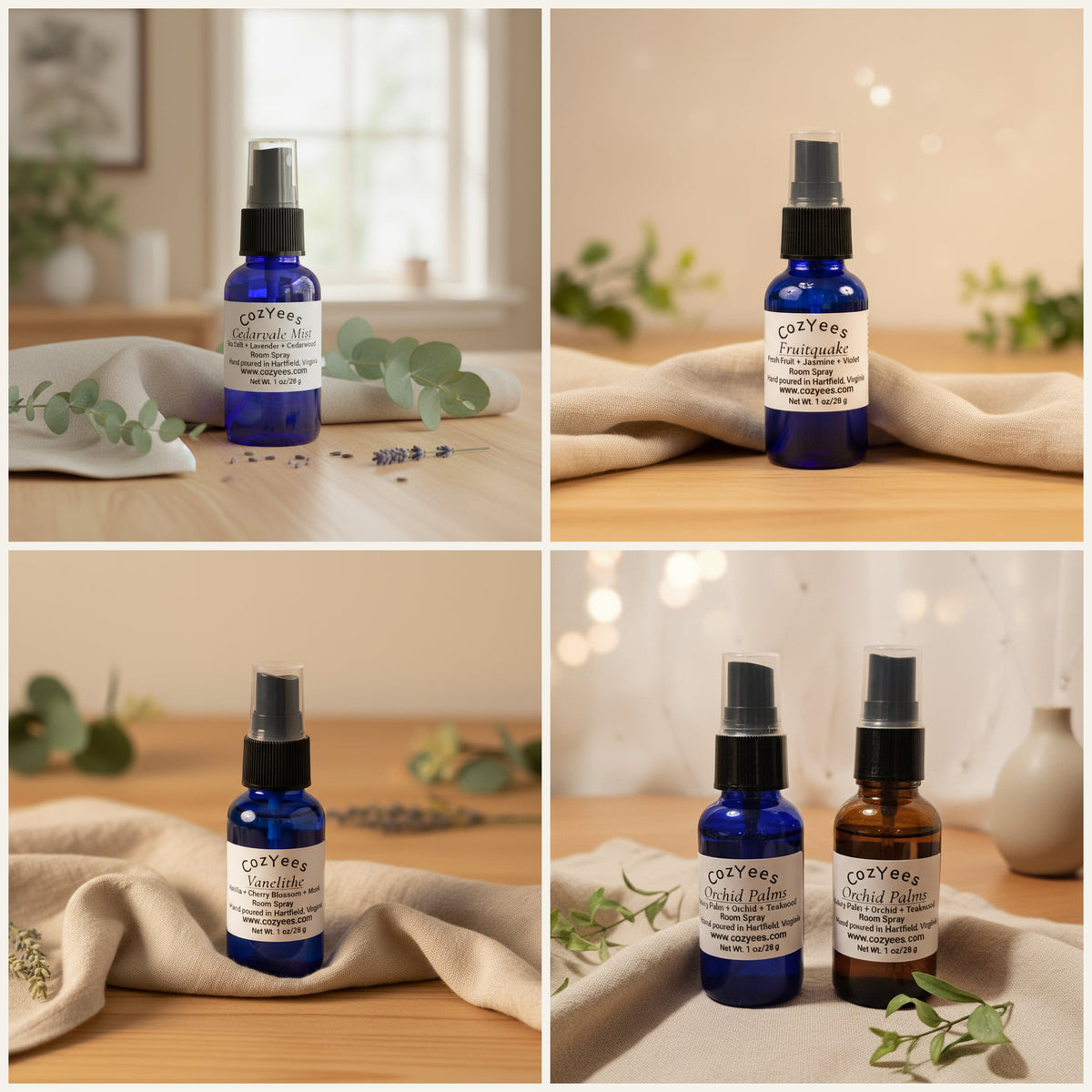 Four Cozyees 1 oz blue glass room sprays in a grid: Cedarvale Mist, Fruitquake, Vanelithe and Orchid Palms.