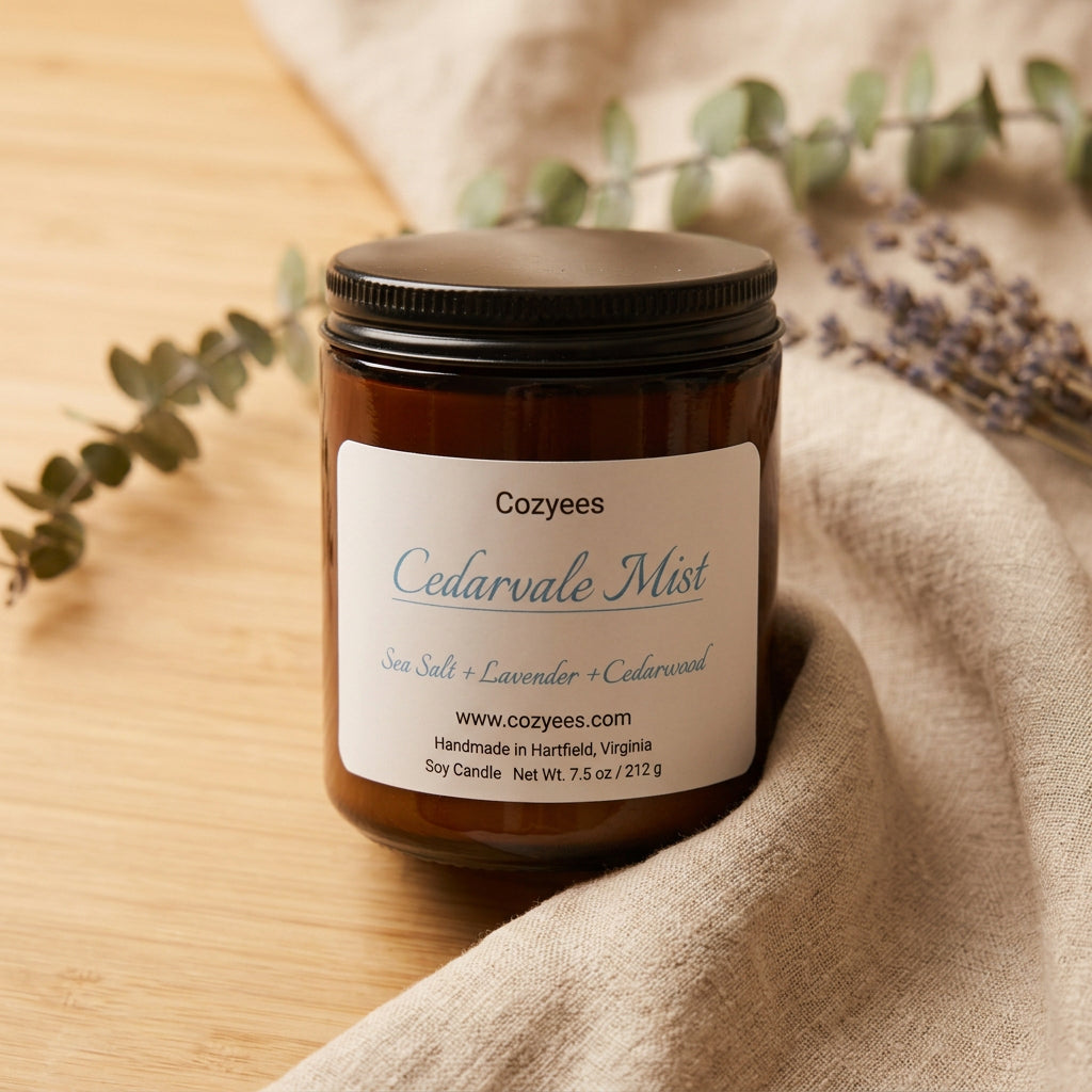 Cozyees Cedarvale Mist 7.5 oz soy candle in an amber glass jar with a black lid
