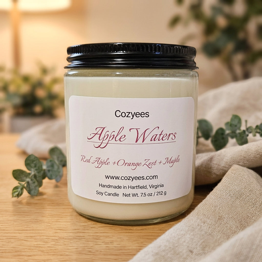 Cozyees Apple Waters 7.5 oz soy candle in a clear glass jar with a black lid