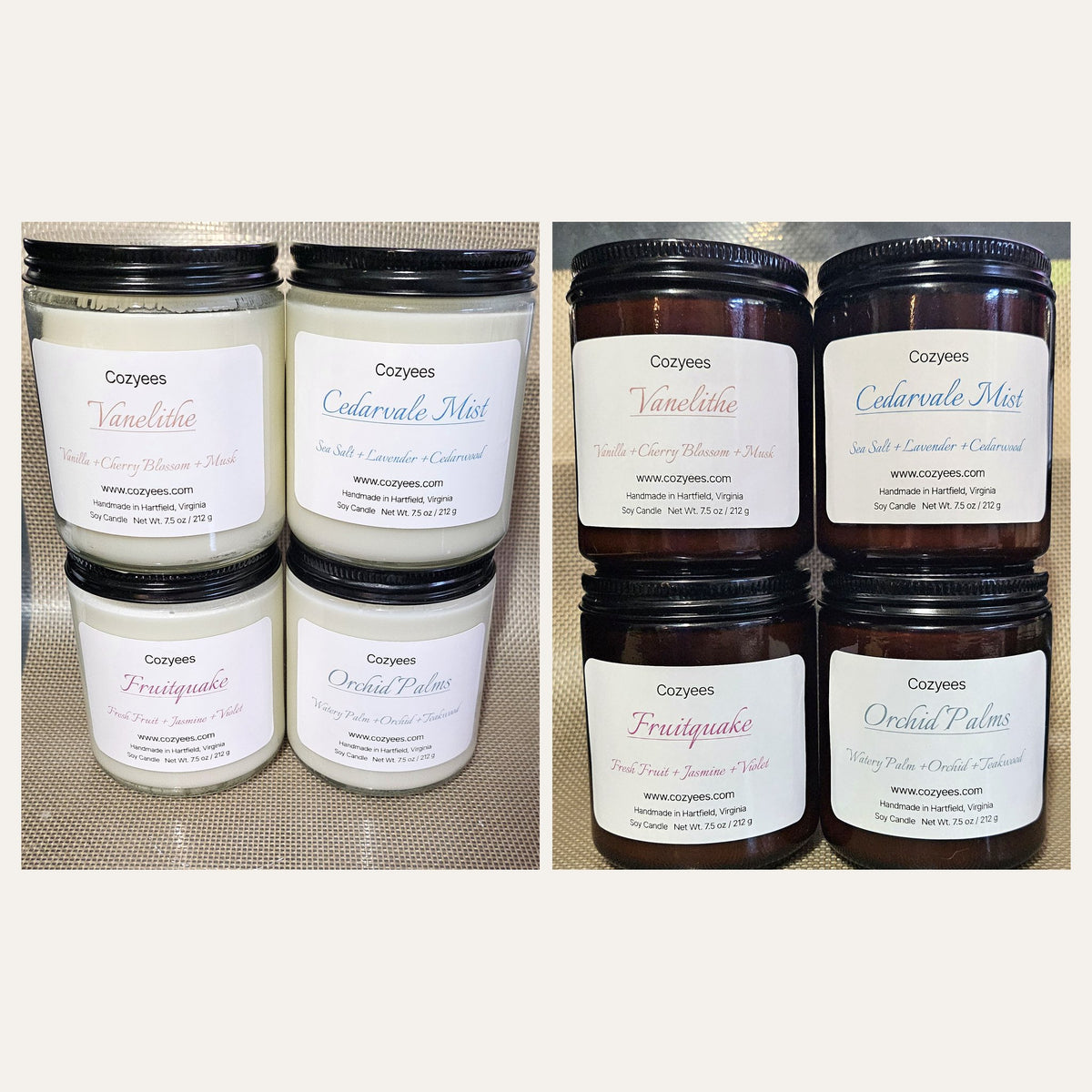 Cozyees 7.5 oz soy candles in clear and amber glass jars with black lids
