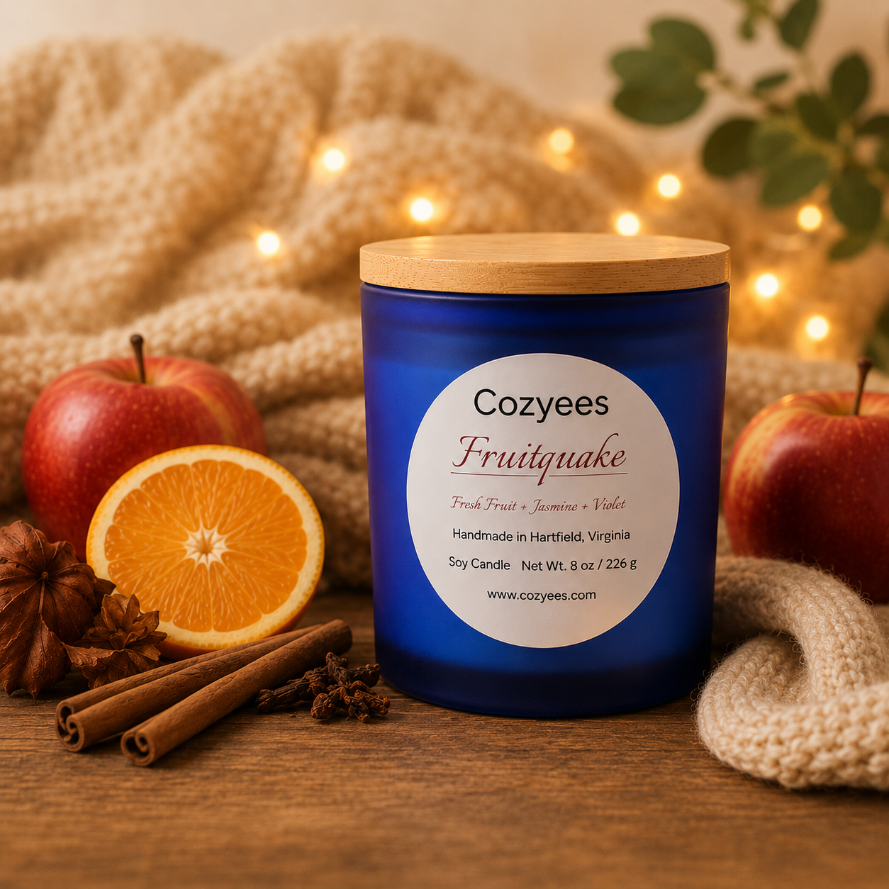 cozyees soy candle in a blue jar