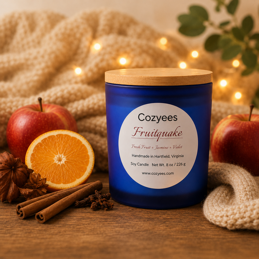 cozyees soy candle in a blue jar