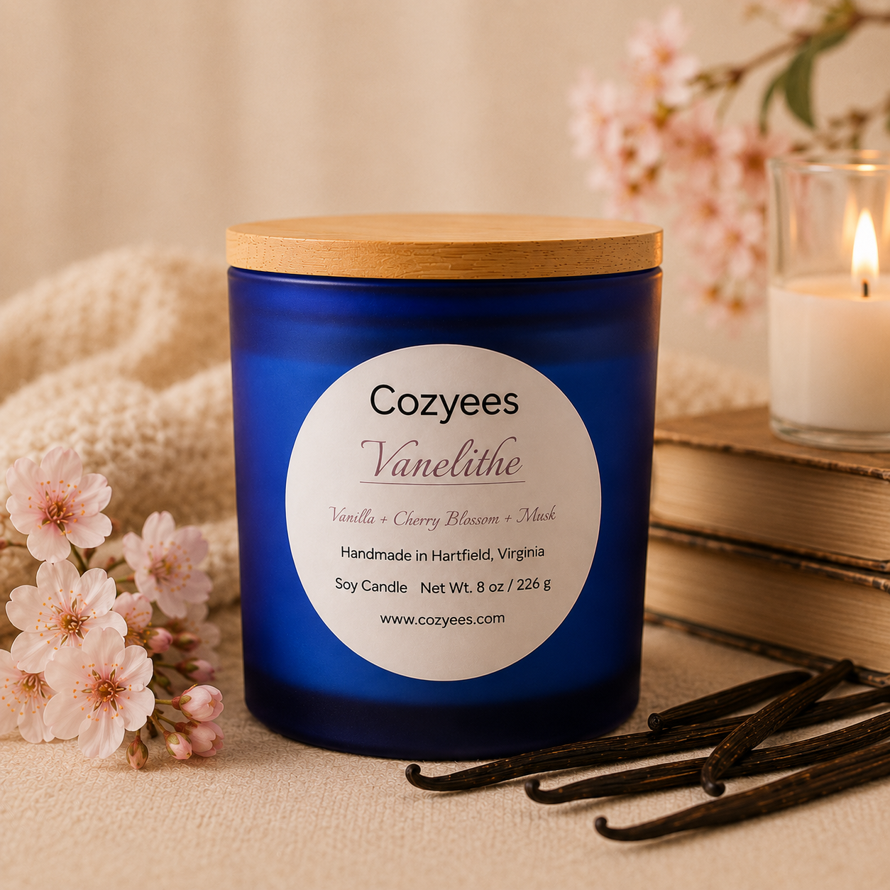 cozyees soy candle in a blue jar