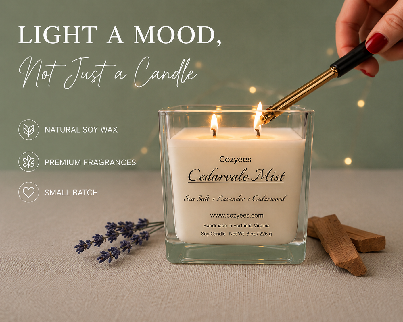 cozyees cedarvale mist candle in clear square jar being lit