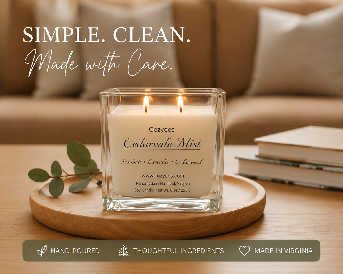 cozyees cedarvale mist candle in clear square jar 