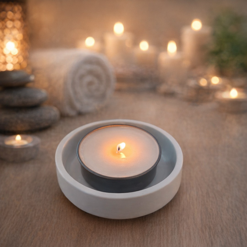 Candle in a white holder with blurred candles and stones in the background