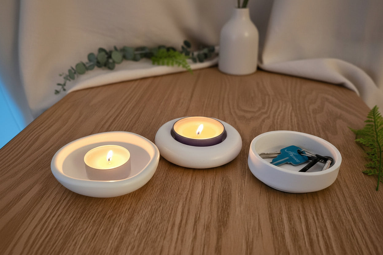 Three white ceramic holders on a wooden surface with candles and keys.