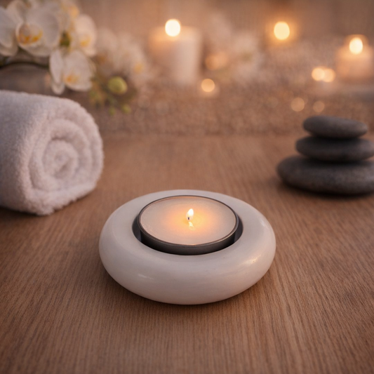Candle in a white holder on a wooden surface with blurred candles and stones in the background