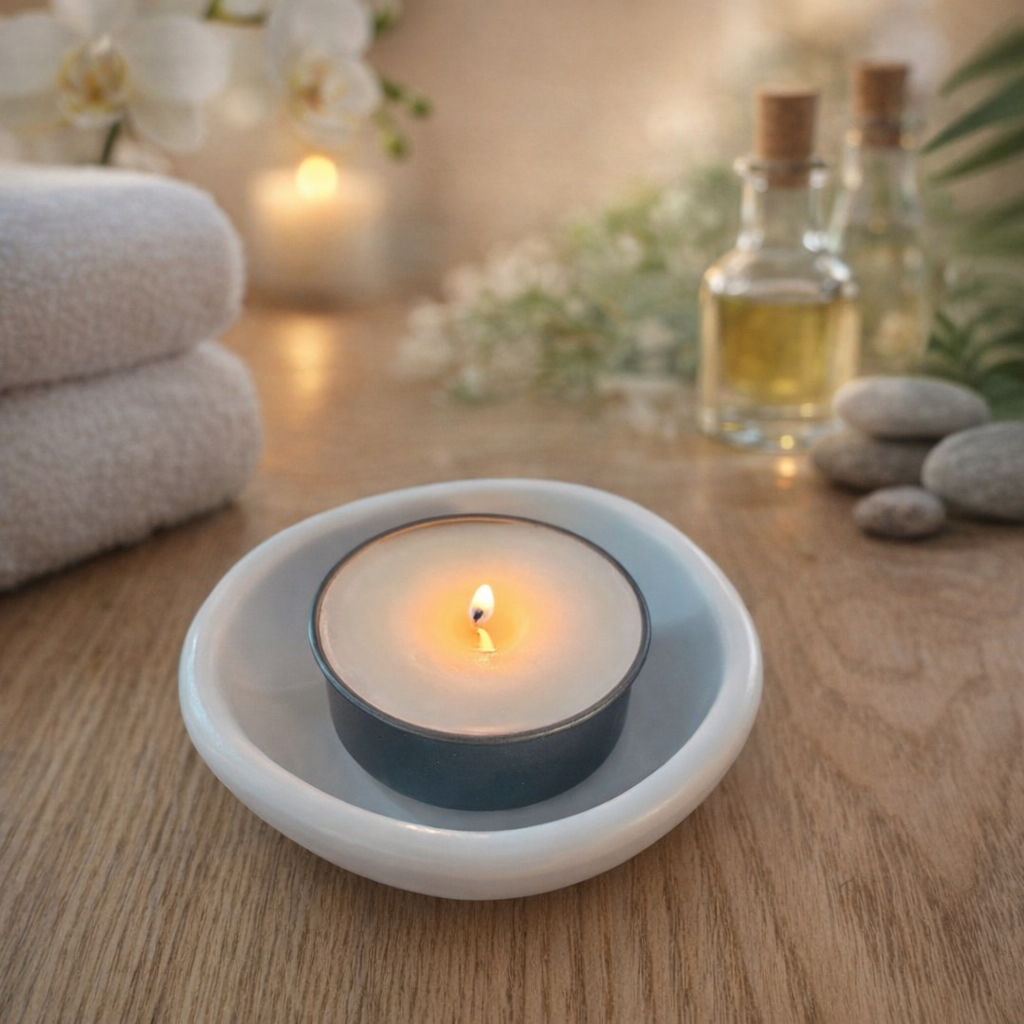 Candle in a white holder on a wooden surface with blurred background