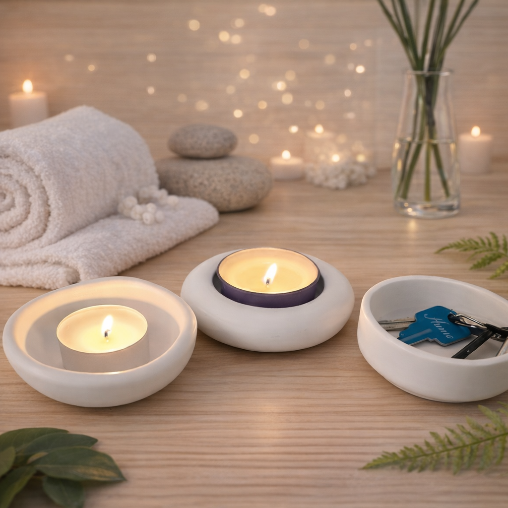 Candle holders with lit candles on a wooden surface, surrounded by towels and decorative items.