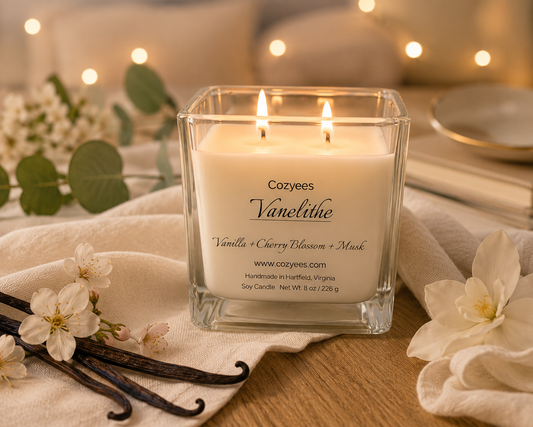 cozyees vanelithe soy candle in a square jar lit on a table