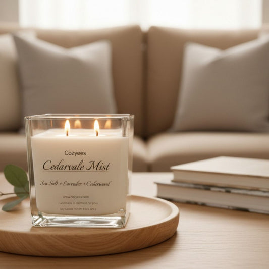 Cozyees square candle lit on table with living room background.